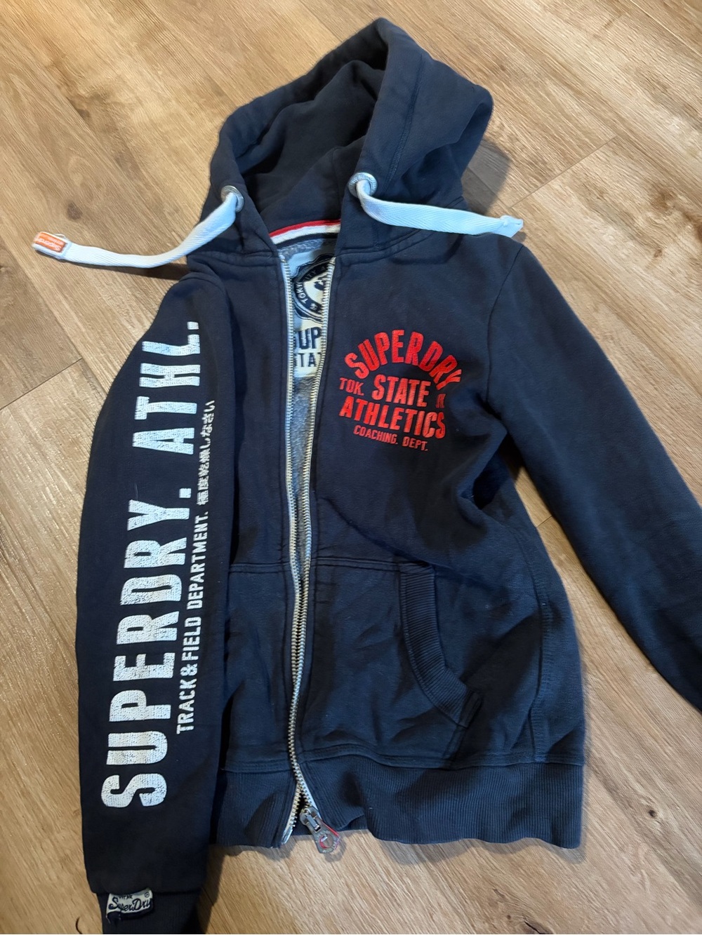 Superdry Navy Hoodie with Red Chest Print and White Sleeve Logo